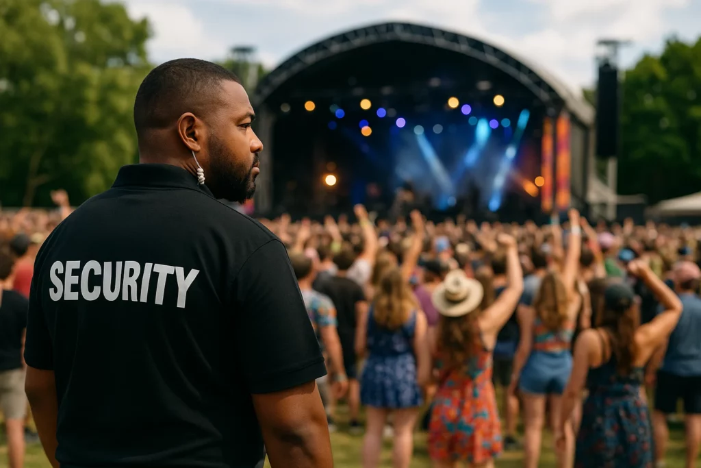 Beveiliger houdt toezicht bij een festival